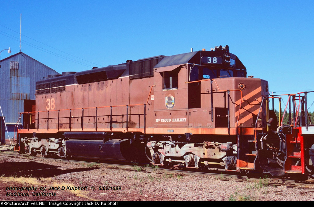 MRY, McCloud River Railway SD38 38, McCloud, California. August 2, 1999. 